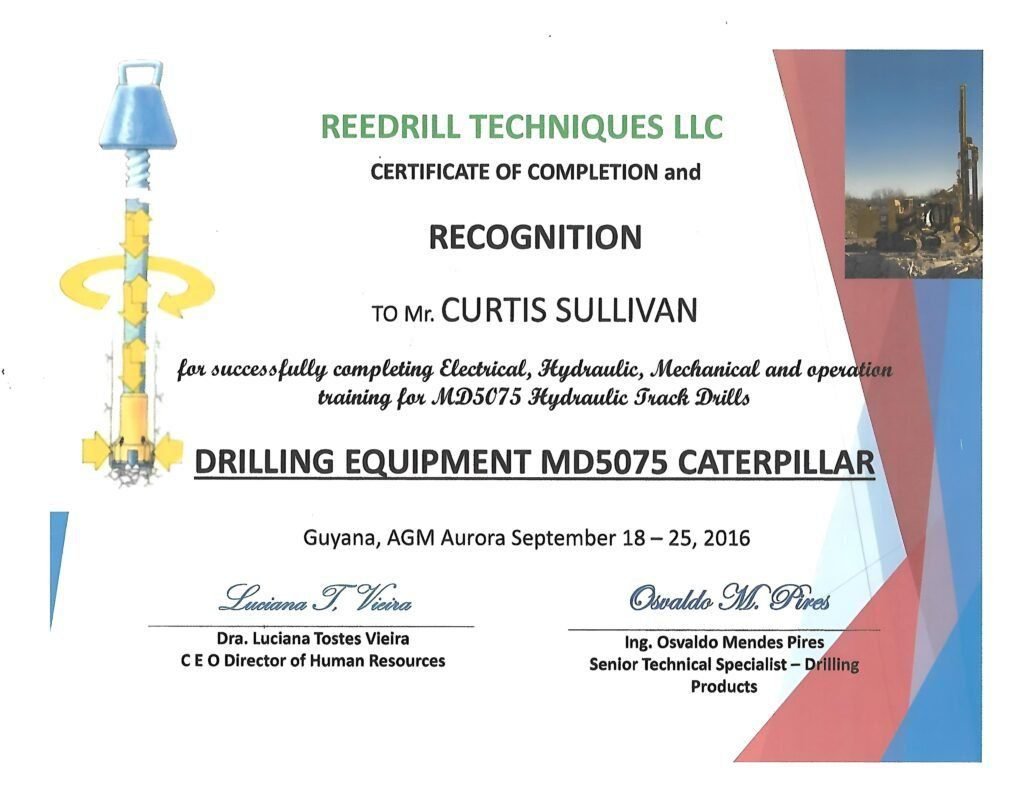 Certificate of Completion and Recognition (MD5075 Hydraulic Track Drills)