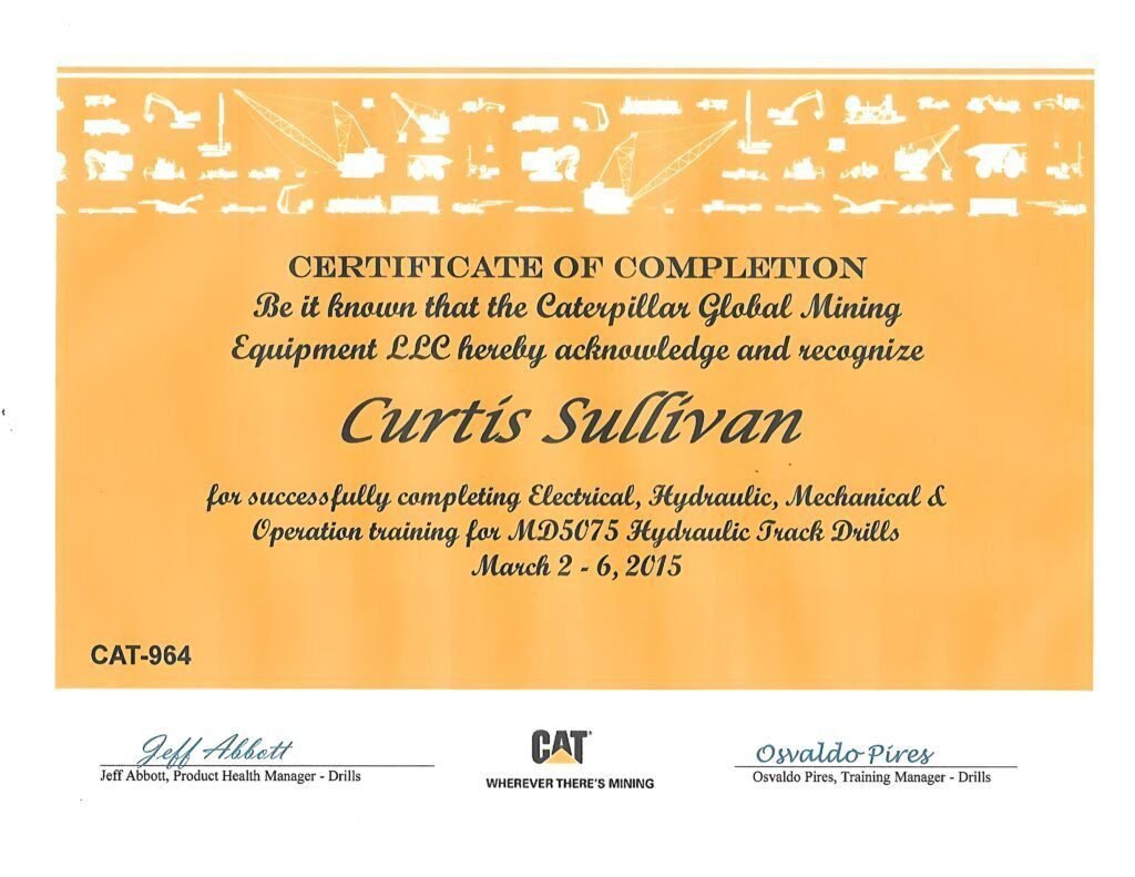 Certificate of Completion (MD5075 Hydraulic Track Drills)