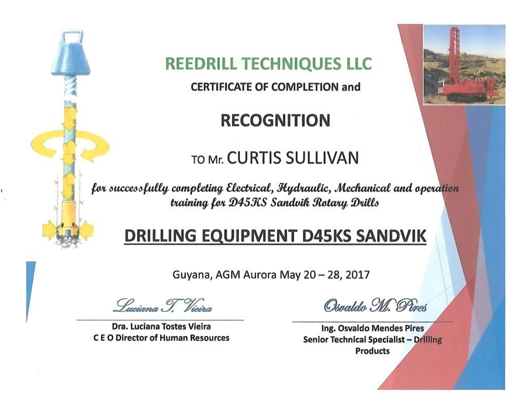Certificate of Completion and Recognition (D45KS Sandvik Rotary Drills)