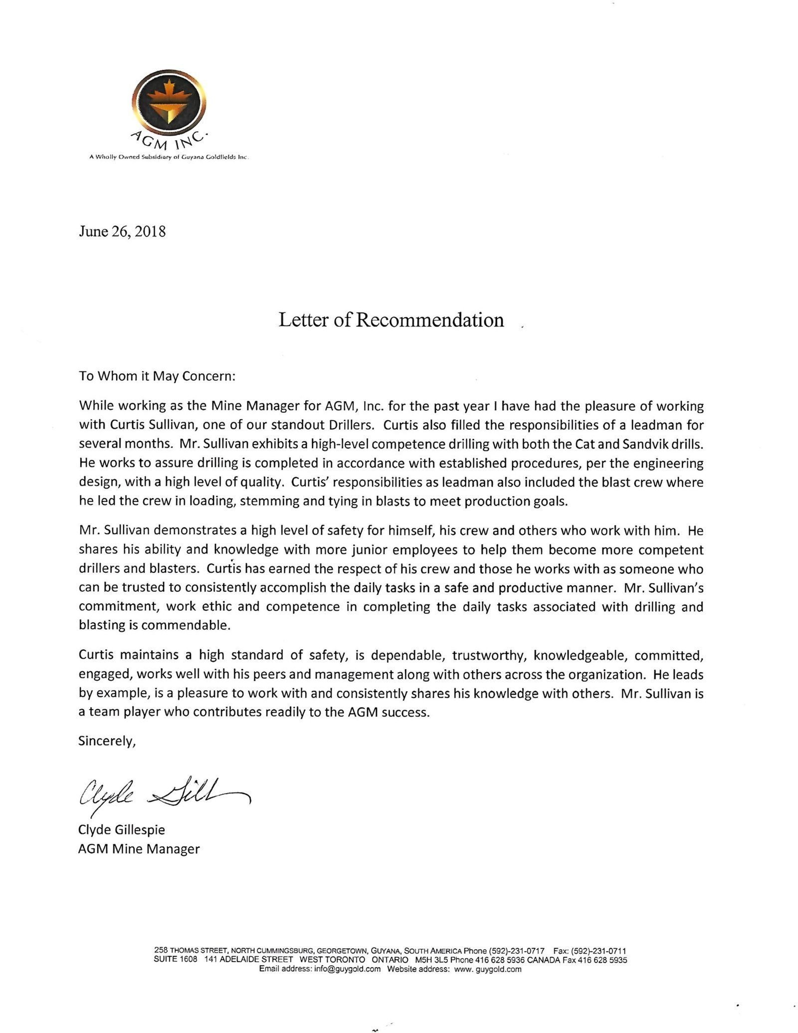 AGM INC. Letter of Recommendation