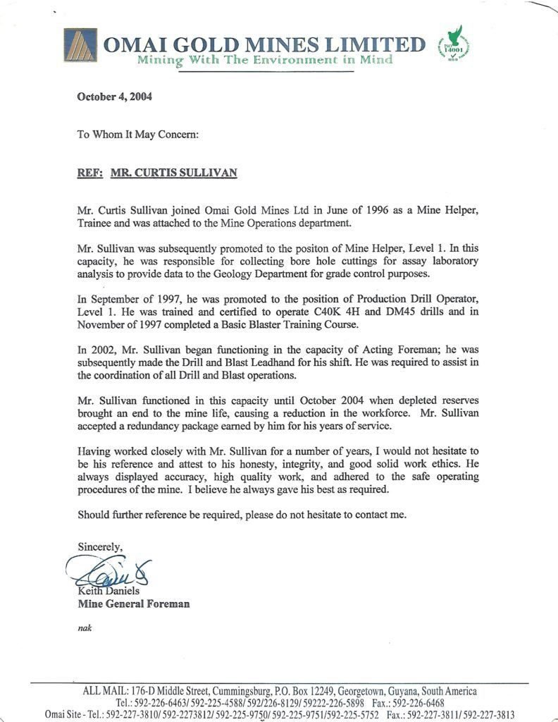 Omai Gold Mines Limited (Mining with the Environment in Mind). Letter of Recommendation