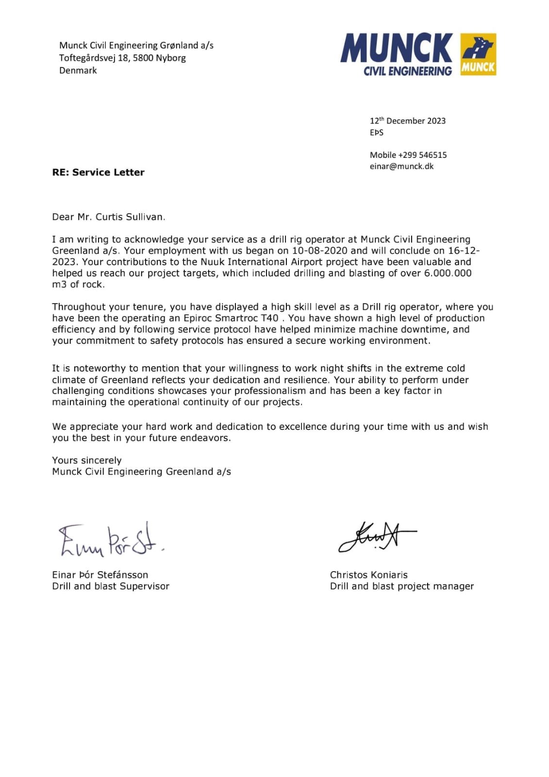 Curtis Sullivan, Munck Service Letter